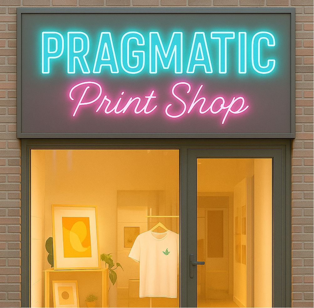 Neon sign above a store entrance with 'Pragmatic Print Shop' displayed.